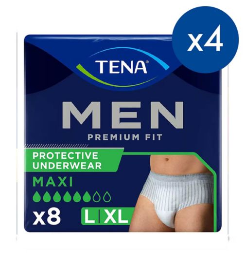 TENA MEN Protective Underwear Level 4 8s;TENA Men Premium Fit Incontinence Pants Large - 8 pack;TENA Men Premium Fit Pants Maxi Large/Extra Large - 4 packs of 8 bundle