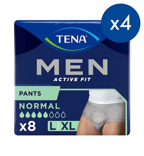 TENA Men Active Fit Incontinence Pants Normal Grey Size Large/Extra Large 4 packs of 8 bundle;Tena Men Active Fit Incontinence Pants Normal Grey Size Large/XL 8 Pack;Tena Men pants normal grey l/xl 8s