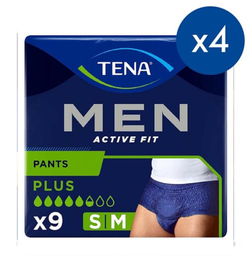 TENA Men Active Fit Incontinence Pants Plus Medium - 9 pack;TENA Men Active Fit Pants Plus Medium - 4 packs of 9 bundle;TENA Men Active Fit Pants Plus Medium 9s