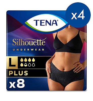 TENA Silhouette Plus Black Lady incontinence High Waist Pants - Large - 4 packs of 8 bundle