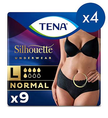 TENA Silhouette Normal Black Lady incontinence Low Waist Pants - Large - 4 packs of 9 bundle