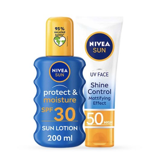 NIVEA SUN Face & Body Care Bundle;NIVEA SUN Protect & Moisture Suncream Spray SPF 30 200ml;NIVEA SUN UV Face Suncream SPF 50 Shine Control 50ml;Nivea Sun Protect & Moisture Sun SPF30 200ml;Nivea UV Face Shine Control SPF50 50ml
