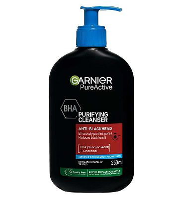Garnier Pure Active Anti-Blackhead BHA Charcoal Daily Face Cleanser 250ml