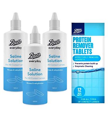 Boots Saline Solution 360ml & Protein Remover Tablets Bundle