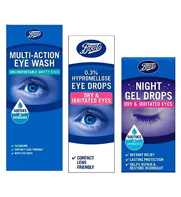Boots Eye Wash, Hypromellose Eye Drops & Night Eye Gel Bundle
