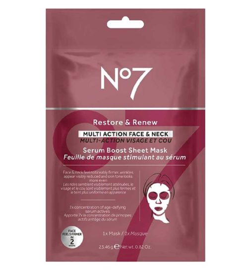 No 7 Restore & Renew FACE & NECK MULTI ACTION Serum Boost Sheet Mask