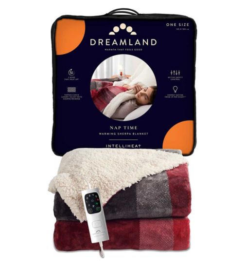 Dreamland Naptime Warming Sherpa Blanket - Tartan Check Red. Grey 180X135