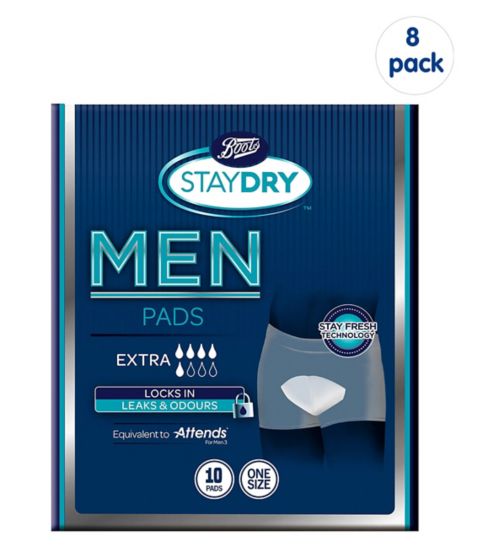 Boots Staydry Men Extra Pads - 10 Pads;Boots Staydry Men Extra Pads - 80 Pads (8 Pack Bundle);Boots Staydry Men's Extra - 10 Pads