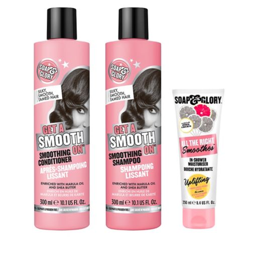 Soap & Glory ATRS Shower Moisturiser 250ml;Soap & Glory All The Right Smoothes In-Shower Body Moisturiser 250ml;Soap & Glory Get A Smooth On Smoothing Conditioner 300ml;Soap & Glory Get A Smooth On Smoothing Hair Conditioner 300ml;Soap & Glory Get A Smooth On Smoothing Shampoo 300ml;Soap & Glory Get A Smooth On Smoothing Shampoo 300ml;Soap & Glory Good Hair Day Bundle