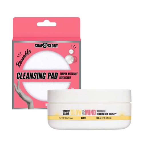 Soap & Glory Cleanse & Glow Bundle;Soap & Glory GYM Cleansing Balm 100ml;Soap & Glory Glow Your Mind Nourishing Cleansing Balm 100ml;Soap & Glory Reusable Cleansing Pads - 2 pack;Soap & Glory Reusable Cleansing Pads 2s