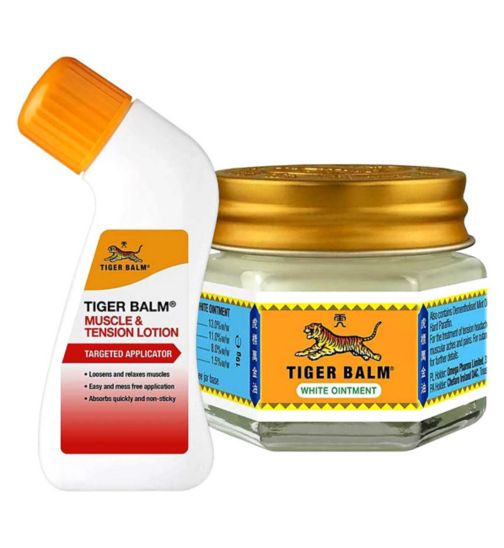 Tiger Balm Muscle & Tension Lotion - 80ml;Tiger Balm White Ointment 19g;Tiger Balm White Ointment 19g;Tiger Balm White Ointment 19g & Muscle Lotion 80ml Bundle;Tiger Balm muscle lotion 80ml