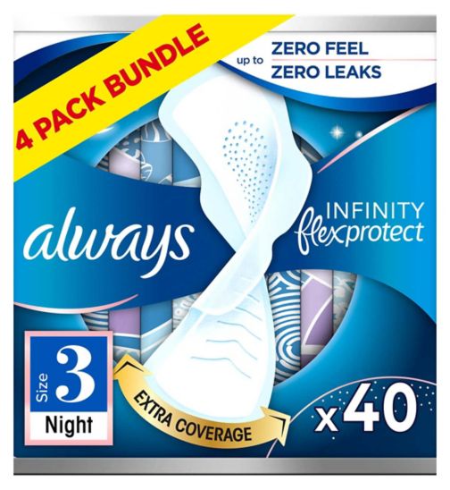 Always Infinity Night (Size 3) Sanitary Towels Wings 10 Pads;Always Infinity Night (Size 3) Sanitary Towels Wings 10 Pads x4 Bundle;Always Infinity Night Size 3 10s