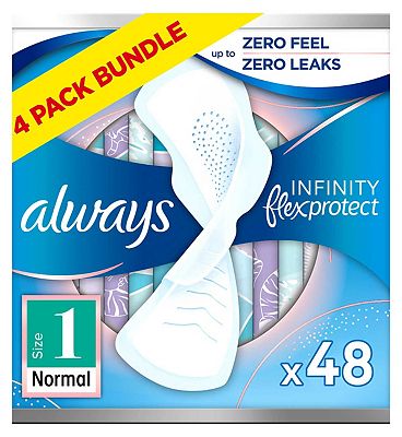 Always Infinity Normal (Size 1) Sanitary Towels Wings 12 Pads x4 Bundle