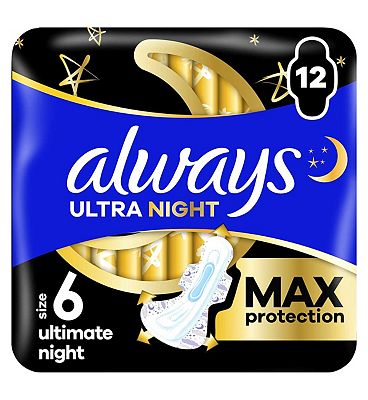 Always Ultra Sanitary Towels Secure Ultimate Night (Size 6) With Wings 12 Pads, Super Absorbent And 
