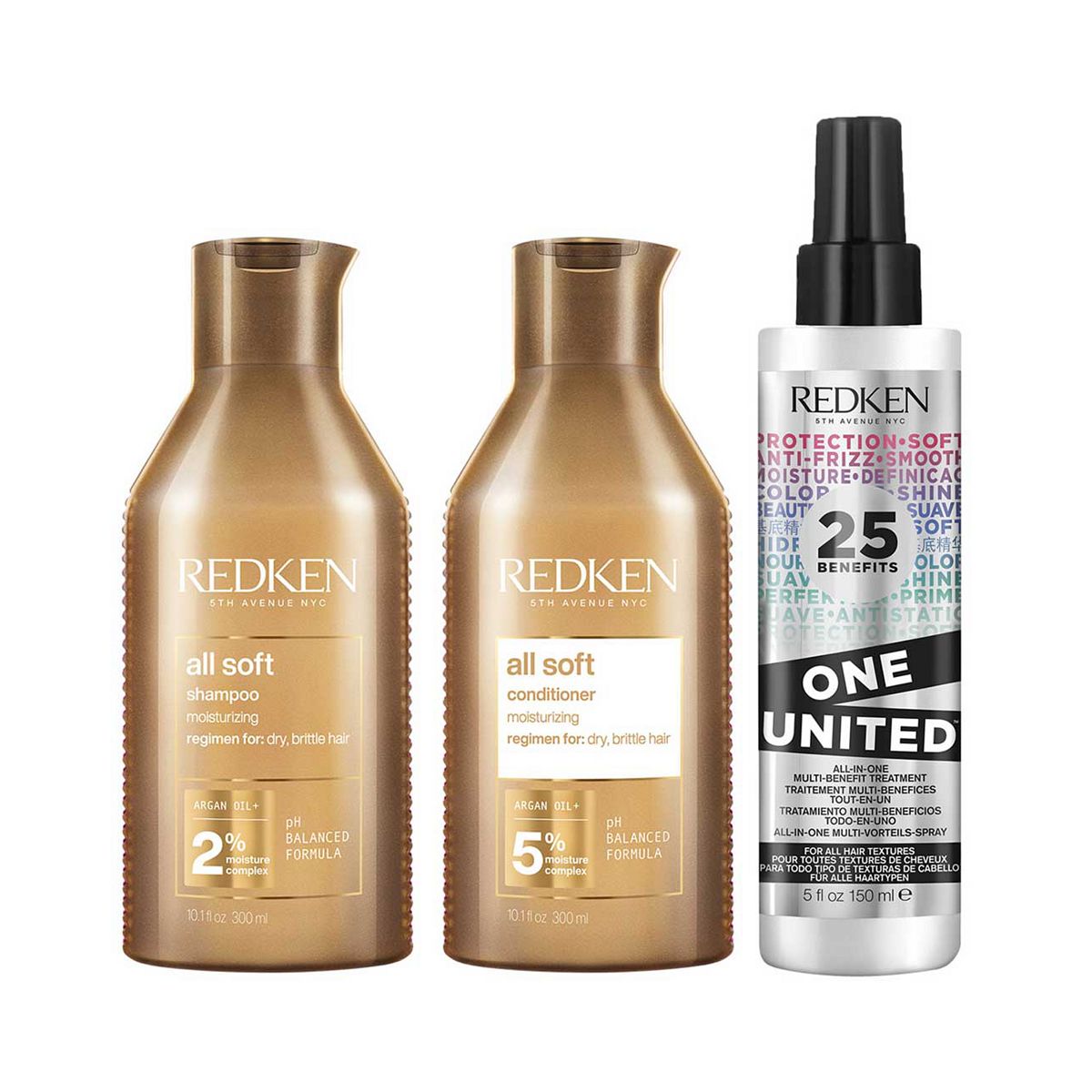 Redken All Soft Shampoo, Conditioner And One United Leave In Bundle For Dry Hair