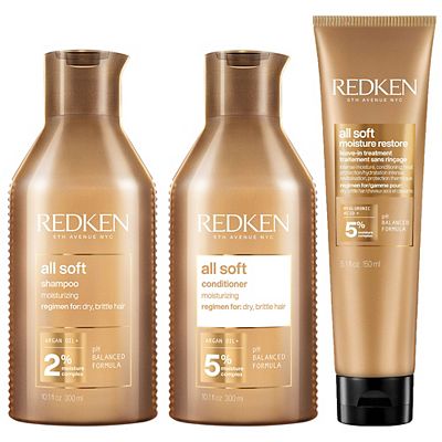 REDKEN All Soft Shampoo, Conditioner and Moisture Restore Leave In Conditioner, Hydrating Bundle