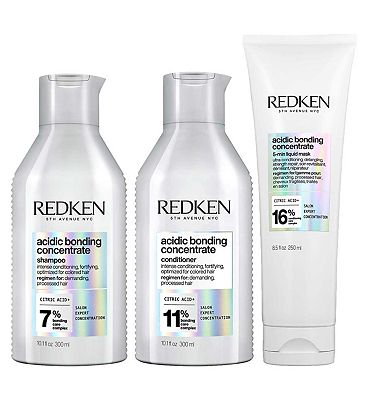 REDKEN Acidic Bonding Concentrate Shampoo, Conditioner and 5-Minute Liquid Hair Mask Bond Repair Bun