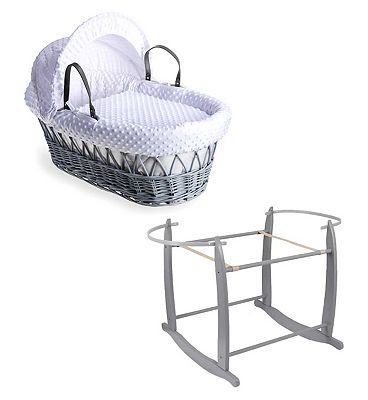 Clair de Lune White Dimple Grey Wicker Moses Basket with Rocking Stand