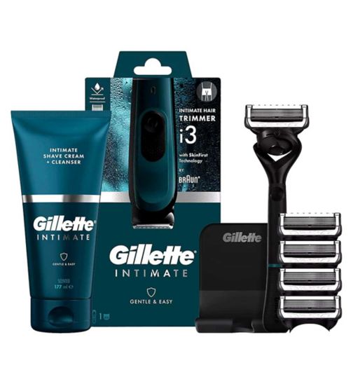 Gillette Intimate Blades 4ct;Gillette Intimate Men’s Intimate Trimmer i3, SkinFirst Pubic Hair Trimmer For Men, Waterproof;Gillette Intimate Pubic Shave Cream + Cleanser, Formulated for Pubic Hair, with Aloe (150 ml);Gillette Intimate Razor;Gillette Intimate Razor Cartridges, 4 Razor Blade Refills, Dermatologist Tested, With Lubrastrip;Gillette Intimate Razor for Men, Designed For Pubic Hair, 1 Razor Handle, 1 Razor Blade Refill;Gillette Intimate Shave Cream and Cleans;Gillette Intimate Trimmer i3;Gillette Intimate Ultimate Bundle with Trimmer, Razor, Blades & Shave Cream and Cleanser