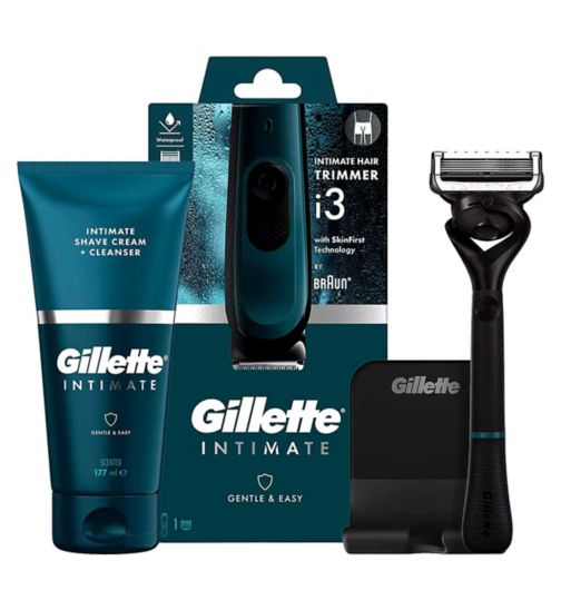 Gillette Intimate Men’s Intimate Trimmer i3, SkinFirst Pubic Hair Trimmer For Men, Waterproof;Gillette Intimate Pubic Shave Cream + Cleanser, Formulated for Pubic Hair, with Aloe (150 ml);Gillette Intimate Razor;Gillette Intimate Razor for Men, Designed For Pubic Hair, 1 Razor Handle, 1 Razor Blade Refill;Gillette Intimate Shave Cream and Cleans;Gillette Intimate Trimmer Starter Set with Razor, Shave Cream and Cleanser;Gillette Intimate Trimmer i3