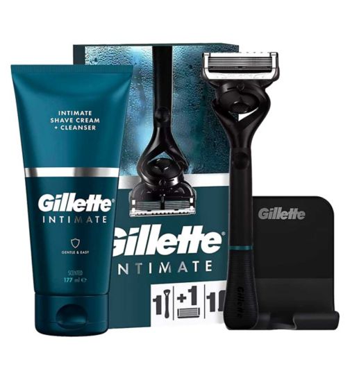 Gillette Intimate Pubic Shave Cream + Cleanser, Formulated for Pubic Hair, with Aloe (150 ml);Gillette Intimate Razor;Gillette Intimate Razor Starter Set with Shave Cream and Cleanser;Gillette Intimate Razor for Men, Designed For Pubic Hair, 1 Razor Handle, 1 Razor Blade Refill;Gillette Intimate Shave Cream and Cleans