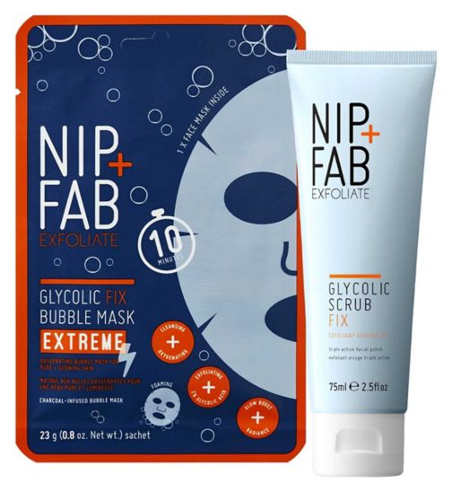NIP+FAB Glycolic Fix Extreme Bubble Mask 23g;Nip + Fab Glycolic Fix Scrub 75ml;Nip + Fab Glycolic Fix bubble face mask;Nip+Fab Glycolic Fix Scrub & Bubble Mask Duo;Nip+Fab Glycolic Fix Scrub 75ml