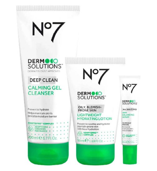 No7 Derm Solutions Oily Skin Regime;No7 Derm Solutions™ Calming Gel Cleanser Suitable for Sensitive Skin 200ml;No7 Derm Solutions™ Calming Gel Cleanser Suitable for Sensitive Skin 200ml;No7 Derm Solutions™ Lightweight Hydrating Lotion Suitable for Oily, Blemish-Prone Skin 50ml;No7 Derm Solutions™ Lightweight Hydrating Lotion Suitable for Oily, Blemish-Prone Skin 50ml;No7 Derm Solutions™ Skin Balancing Serum Suitable for All Skin Types 30ml;No7 Derm Solutions™ Skin Balancing Serum Suitable for All Skin Types 30ml