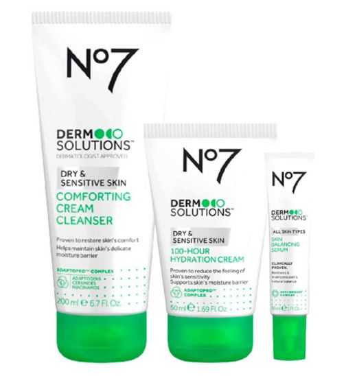 No7 Derm Solutions Dry Skin Regime;No7 Derm Solutions™ 100-Hour Hydration Cream Suitable for Dry & Sensitive Skin 50ml;No7 Derm Solutions™ 100-Hour Hydration Cream Suitable for Normal, Dry & Sensitive Skin 50ml;No7 Derm Solutions™ Comforting Cream Cleanser Suitable for Dry & Sensitive Skin 200ml;No7 Derm Solutions™ Comforting Cream Cleanser Suitable for Normal to Dry & Sensitive Skin 200ml;No7 Derm Solutions™ Skin Balancing Serum Suitable for All Skin Types 30ml;No7 Derm Solutions™ Skin Balancing Serum Suitable for All Skin Types 30ml