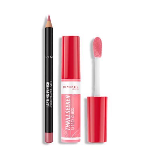 Rimmel Lasting Finish 8HR Lip Liner Pink Candy;Rimmel Lasting Finish 8Hr Lip Liner;Rimmel London Thrill Seeker Glassy Gloss 500 Pine To The Apple;Rimmel Thrill Seeker Glassy Gloss Hydrating Lip Gloss with Hyaluronic Acid;Rimmel Thrill Seeker Glassy Gloss Lip Duo