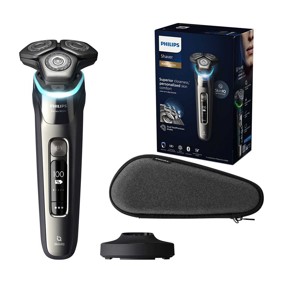 Philips 9000 Series Wet & Dry Electric Shaver With Skiniq Technology, Charging Stand Travel Case - S9974/35