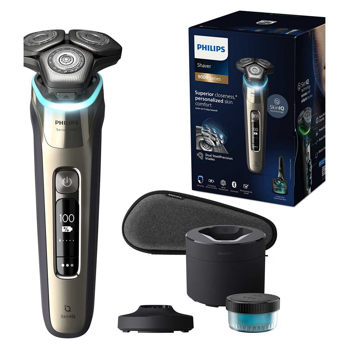 Philips Shaver 9000 Series Wet & Dry Electric With Skiniq Technology, Quick Clean Pod And Travel Case - S9983/55