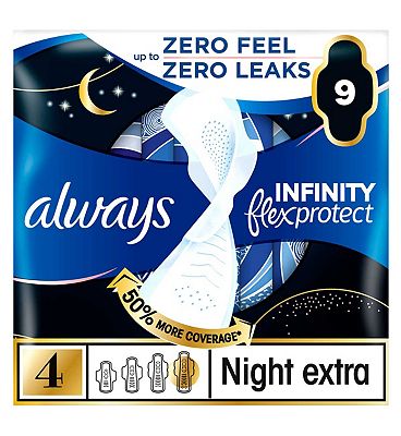 Always Infinity FlexProtect Sanitary Towels Size 4 Night Extra Wings x9