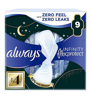 Always Infinity FlexProtect Sanitary Towels Size 4 Night Extra Wings x9