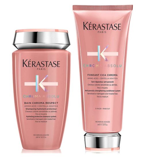 Keras Chroma Abso shamp bain opa 250ml;Kerastase Chroma Abso rpring fond 200ml;Kérastase Chroma Absolu Shampoo & Conditioner Duo, Colour Protectant Routine for Damaged and Colour-Treated Hair;Kérastase Chroma Absolu, Hydrating Shampoo, Color-Treated Hair, Fine To Medium, Hyaluronic Acid, Bain Chroma Respect, 250ml;Kérastase Chroma Absolu, Strengthening Conditioner, For Damaged Colour-Treated Hair, Fine To Medium, With Lactic Acid, 200ml