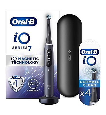 Oral-B iO7 Electric Toothbrush - Black + iO Ultimate Clean Black Replacement Electric Toothbrush Heads 4 Pack Bundle