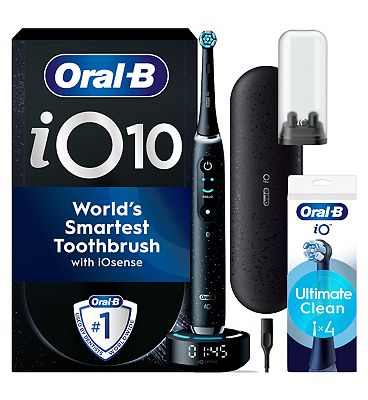 Oral-B iO10 Cosmic Black Electric Toothbrush + iO Ultimate Clean Black Toothbrush Heads 4 Pack Bundl