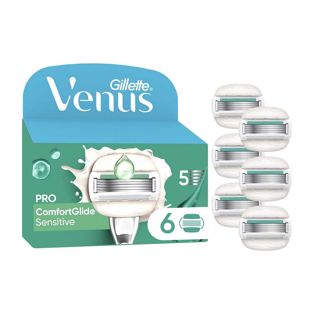 Gillette Venus Razor Blades, Pro Comfortglide Sensitive 5 Blade Women's Blades X6