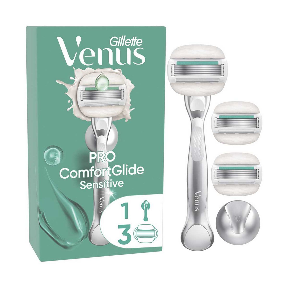 Gillette Venus Starter Kit, Pro Comfortglide Sensitive 5 Blade Women's Razor + 3 Blades Refills Shower Hook
