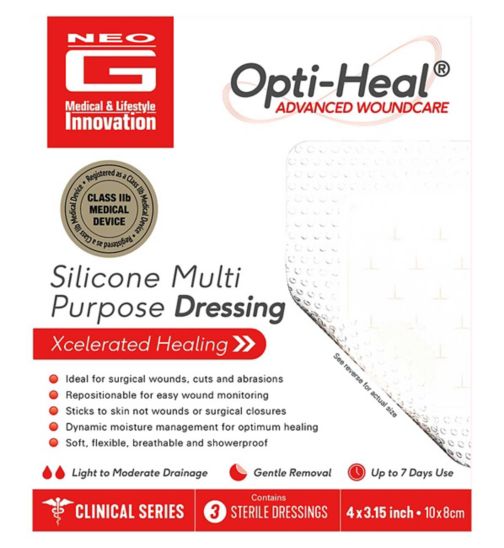 Neo G Opti-Heal Silicone Multipurpose Wound Dressing 8x10cm - 3 Pack