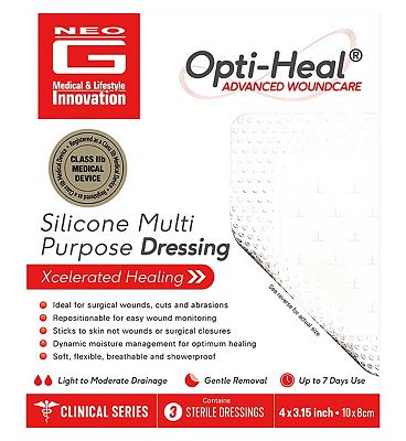 Neo G Opti-Heal Silicone Multipurpose Wound Dressing 8x10cm - 3 Pack