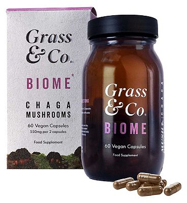 Grass & Co. BIOME Chaga Mushrooms with Turmeric + Ginger, 60 Vegan Capsules