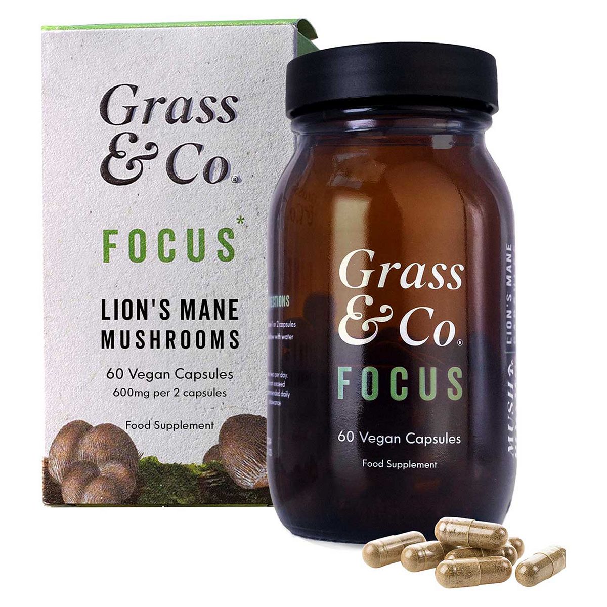 Grass & Co Focus Lion's Mane Mushrooms With Ginseng + Omega3, 60 Vegan Capsules