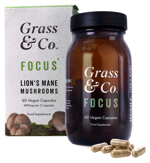 Grass & Co. FOCUS Lion's Mane Mushrooms with Ginseng + Omega3, 60 Vegan Capsules
