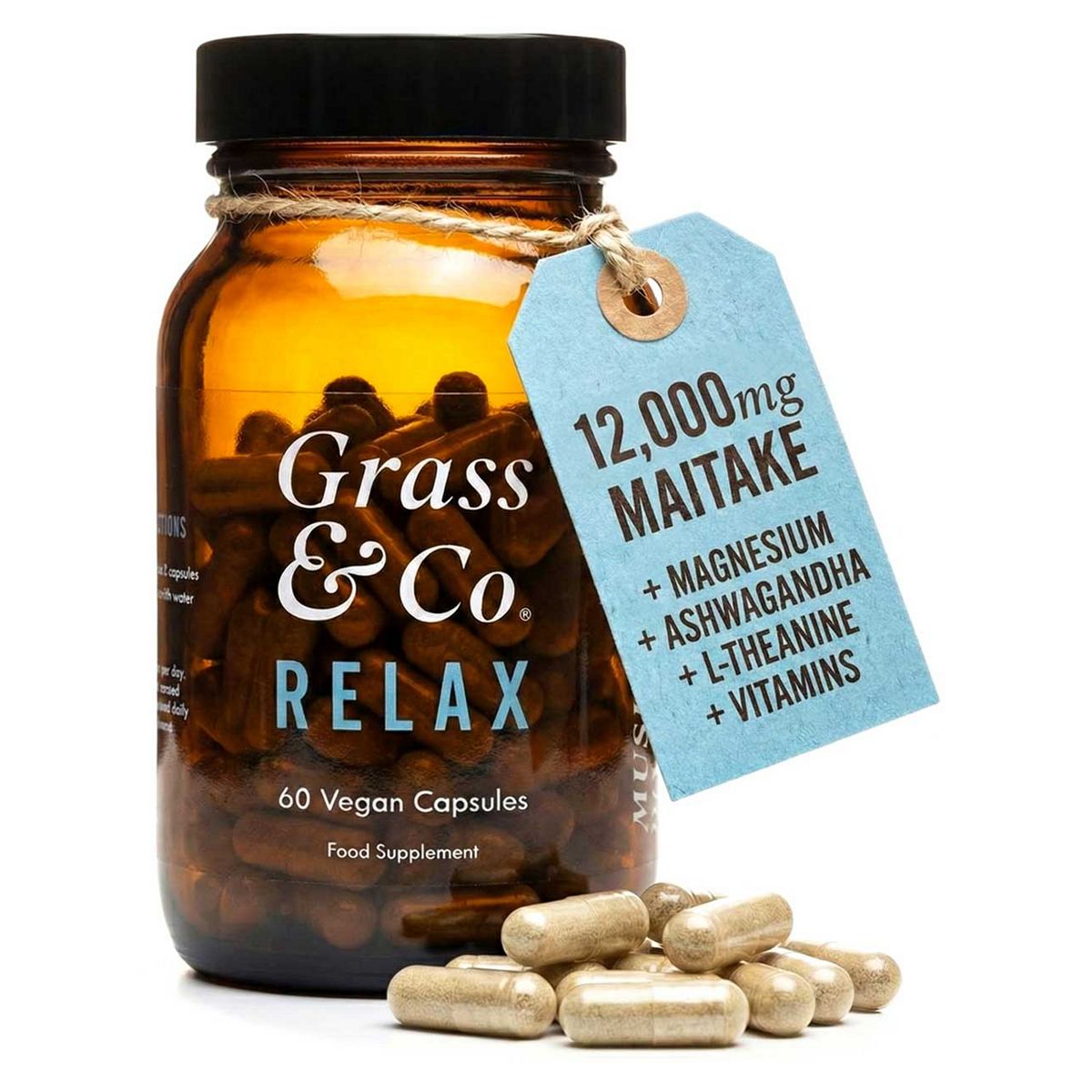 Grass & Co Relax Maitake Mushrooms With Ashwagandha + Magnesium, 60 Vegan Capsules