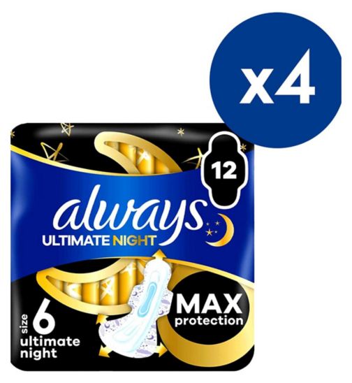 Always Sanitary Towels Ultimate Night (Size 6) Wings 12 Pads Bundle x4;Always Sanitary Towels Ultimate Night (Size 6) Wings X12 Pads;Always Ultra ult night w wings sz6 12s
