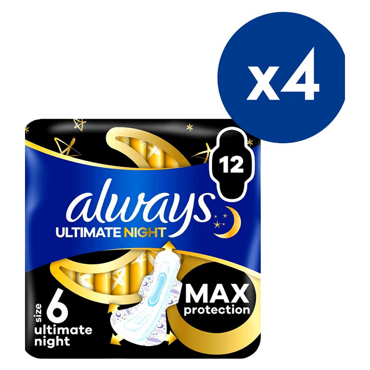 Always Sanitary Towels Ultimate Night (Size 6) Wings 12 Pads Bundle X4