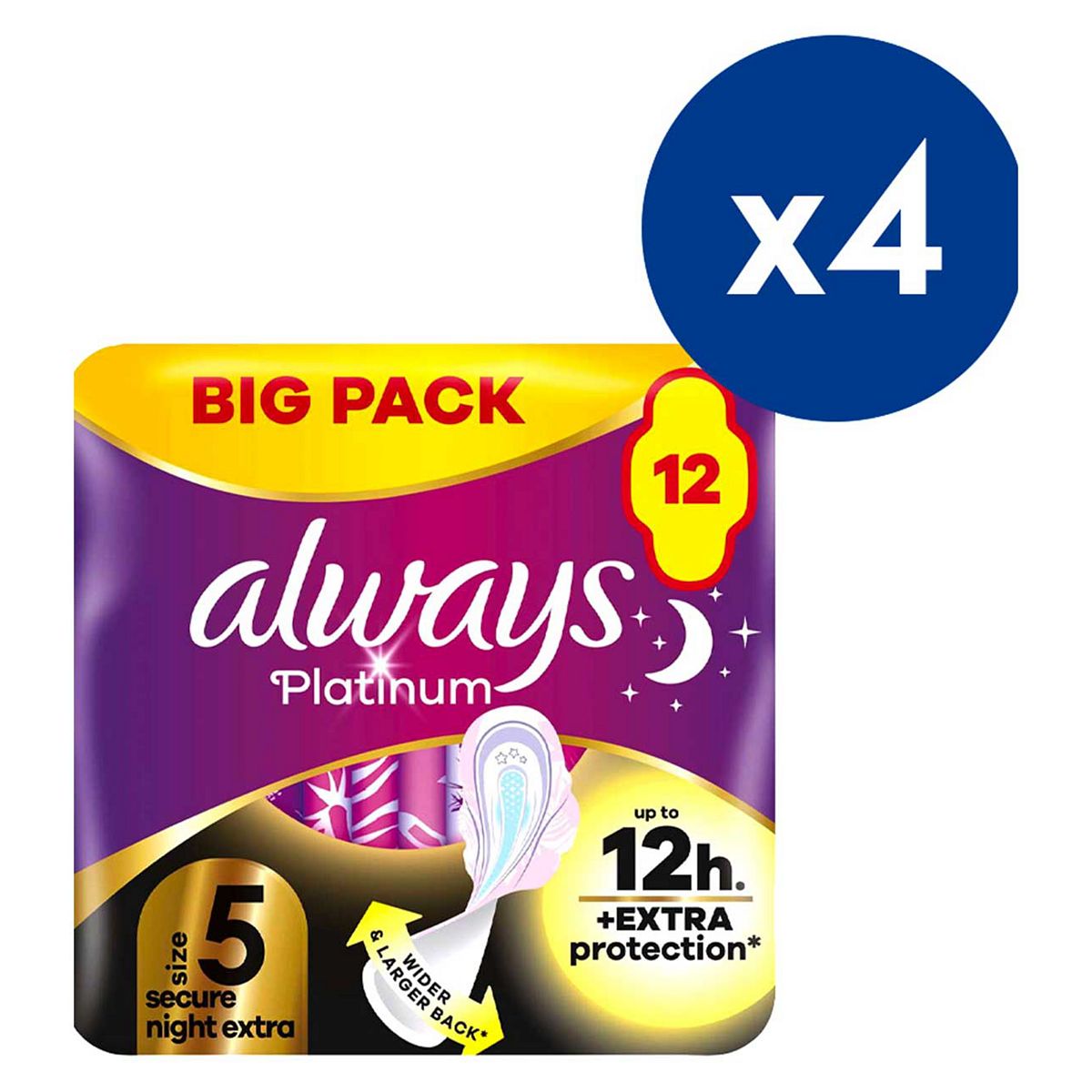 Always Platinum Secure Night Extra (Size 5) Sanitary Towels With Wings 12 Pads - Bundle X4