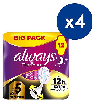 Always Platinum Secure Night Extra (Size 5) Sanitary Towels With Wings 12 Pads - Bundle x4