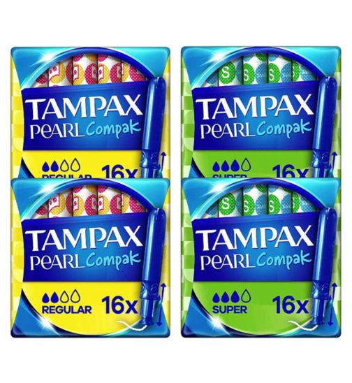 Tampax Compak Pearl Regular & Super Bundle;Tampax Compak pearl tampons regular 16s;Tampax Compak pearl tampons super 16s;Tampax Pearl Compak Regular Tampons With Applicator x16;Tampax Pearl Compak Super Tampons With Applicator x16