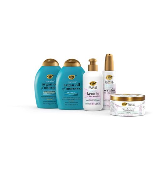 OGX Argan Oil of Morrocco Bundle;OGX Renewing Hair Conditioner Argan Oil 385ml;OGX Renewing Hair Shampoo Argan Oil 385ml;OGX Renewing+ Argan Oil of Morocco pH Balanced Conditioner 385ml;OGX Renewing+ Argan Oil of Morocco pH Balanced Shampoo 385ml;OGX Rescue Fusions Deep Recovery Overnight Treatment, 125ml;OGX Rescue Fusions Intense Hydration Recovery Hair Mask, 285ml;OGX Rescue Fusions Prep & Protect Pre-shampoo Treatment, 250ml;OGX Rscu Fsns dp rcvry ovrnght trtmnt;OGX Rscu Fsns intns hydrtn rcvry hr msk;OGX Rscu Fsns prp&prtct pre-shmpo trtmnt